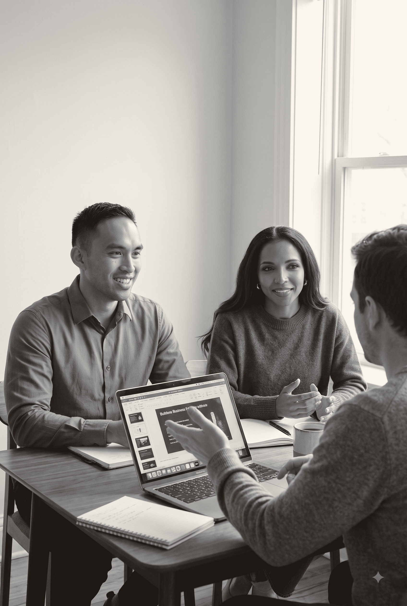 Puka Partners team in a client meeting, reviewing a laptop